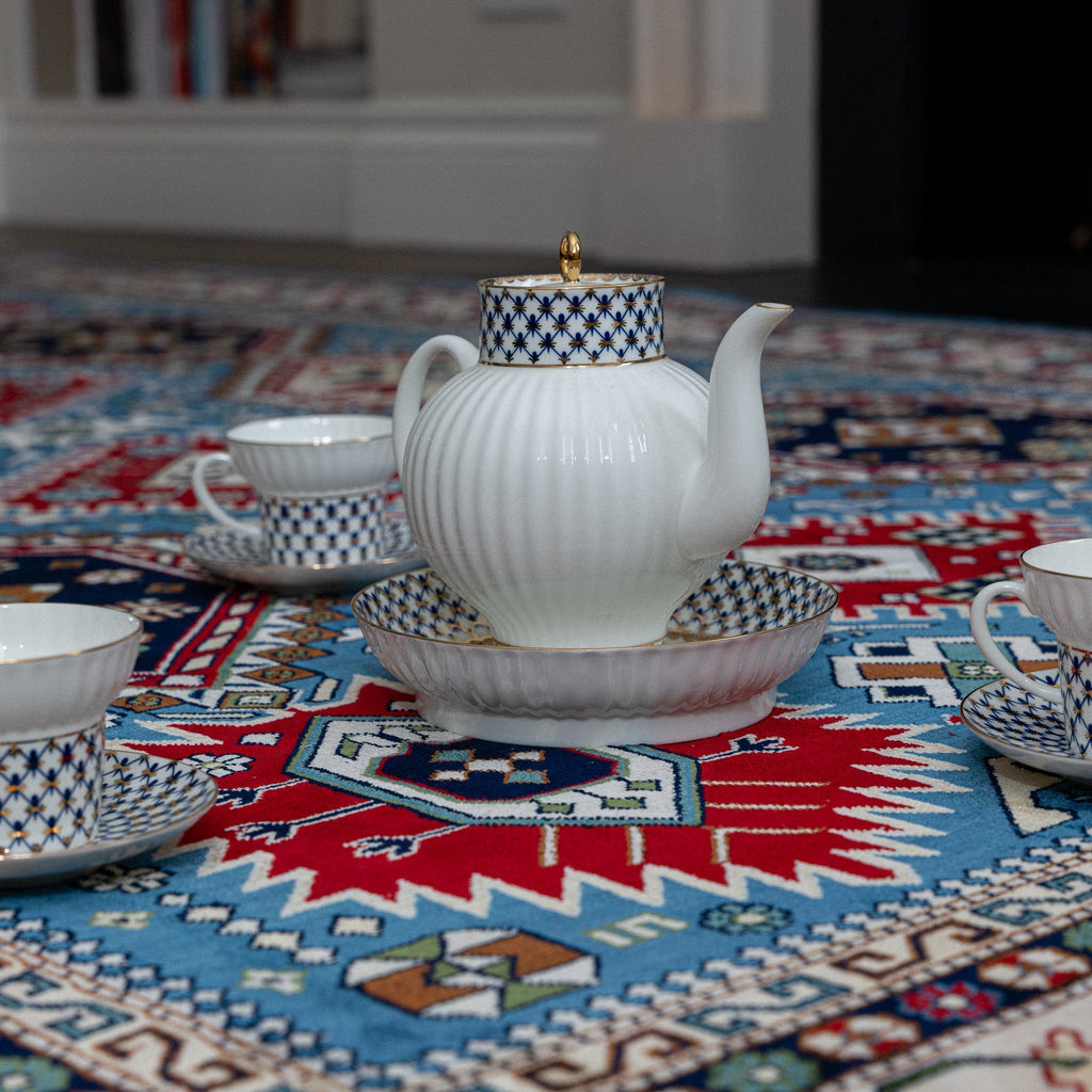 "Shahnezerli" Red on blue silk rug
