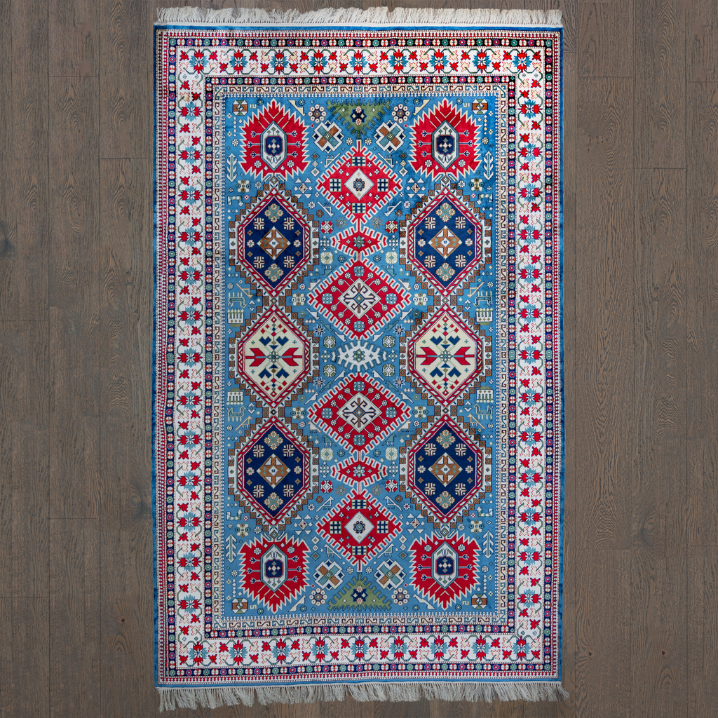 "Shahnezerli" Red on blue silk carpet